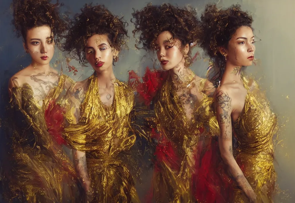 Image similar to full body portrait of a trio of 1 9 years old girl figures, curly messy high bun hairstyle, oriental tattoos, jeweled ornament over forehead, subject wearing a gold and black high fashion gown, flowing, ornate, beautiful, dramatic earth colors, with few fire red highlights, by jeremy mann and greg rutkowski, trending on artstation, oil on canvas