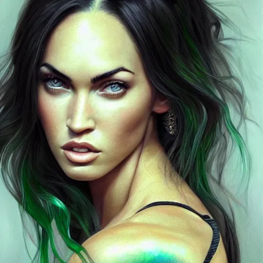 Prompt: a dark haired muscular musclebound megan fox in a white tank top. highly detailed portrait, digital painting, sharp focus illustration, artstation hq. intricate, elegant. art by wlop and ross tran, medium shot, green iridescent