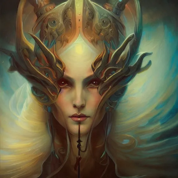 Image similar to a highly detailed beautiful portrait in the style of peter mohrbacher and in the style of jean delville. glowing runes of magical power.