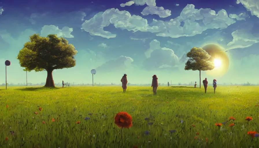 Prompt: solar eclipse at noon, field with grass and flowers, big tree, matte painting, art station, blue sky, simon stalenhag