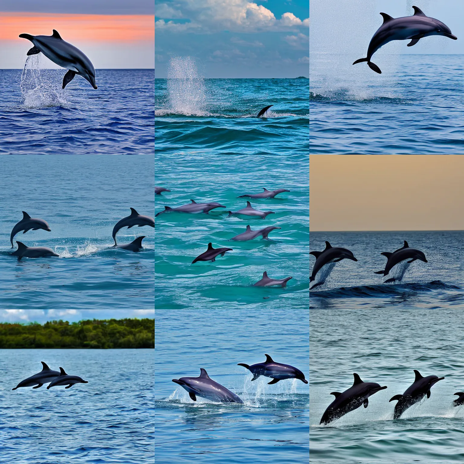 Prompt: dolphins floating out of the sea into the sky, nature photography