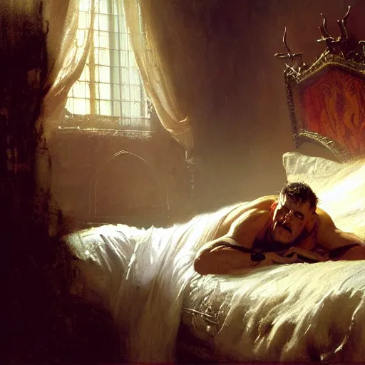 Image similar to the pope laying down in his bed, terrified, because a double horned shadow demon is in the bedroom, approaching his bed. highly detailed painting by gaston bussiere, greg rutkowski, craig mullins 8 k