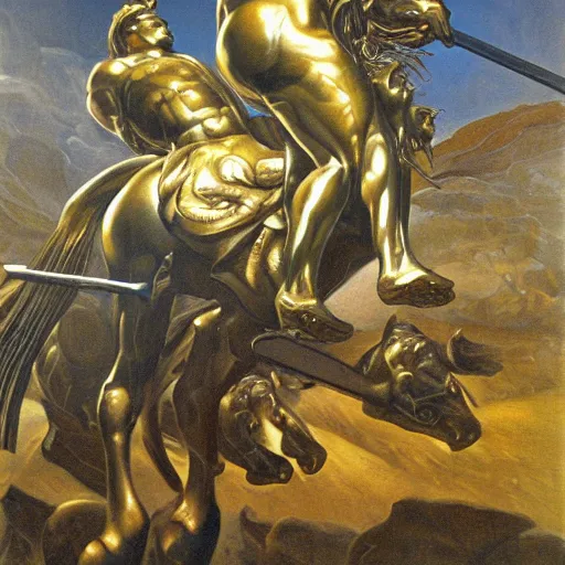Prompt: oil painting of Golden Spear by Szukalski