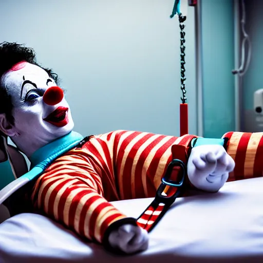 Image similar to crazy clown lying in hospital bed with wrist restraints on, restraints straps attached to hospital bed siderails, photograph, 8 k