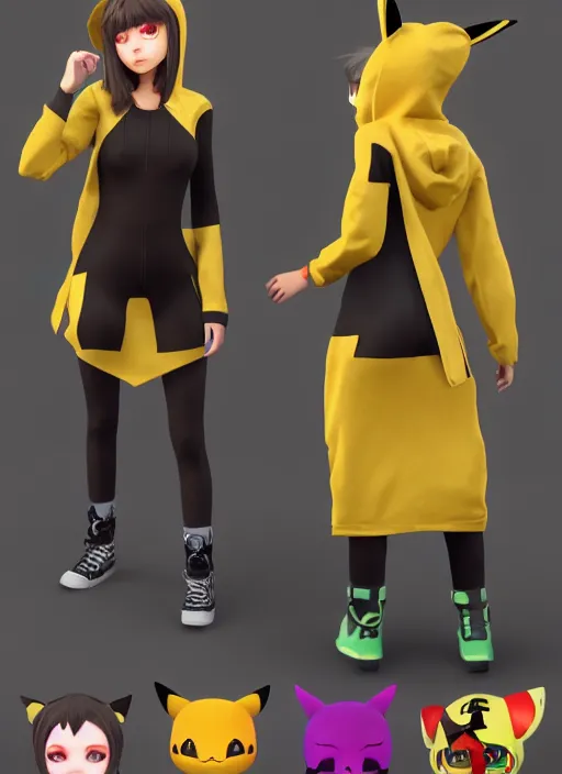 Image similar to vrchat, secondlife, imvu, 3 d model of a girl in a pikachu hoodie, hq render, detailed textures, artstationhd, booth. pm, highly detailed attributes and atmosphere, dim volumetric cinematic lighting, hd, unity unreal engine