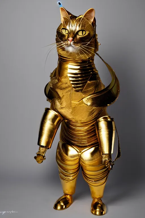 Image similar to a cat wearing gold plated armor, studio lighting