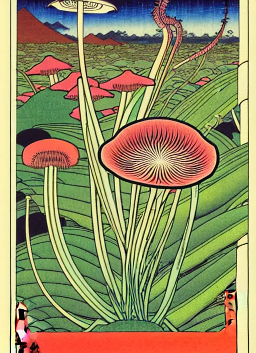 Prompt: fantasy scientific botanical trading card illustration of a colorful carnivore plant in the desert ,Ukiyo-e, isometric view, diego rivera