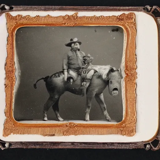 Image similar to tintype photo, bottom of the ocean, cowboy riding pig