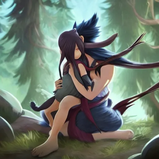 Image similar to yasuo holds yuumi by her scruff, league of legends, detailed