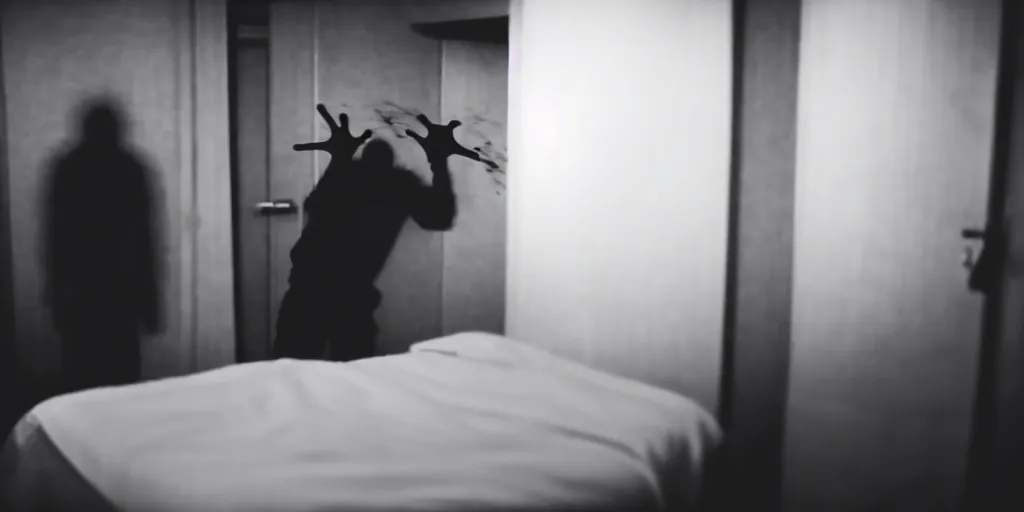 Image similar to a still shot of a scary male drug addict ghost jumpscare to camera in a hotel room, horror