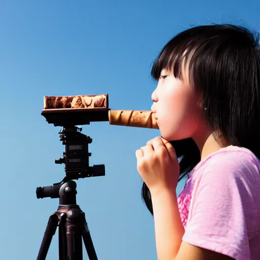 Image similar to an asian girl looking at the sky while having a chocolate ice cream canon eos 5 d mark iv