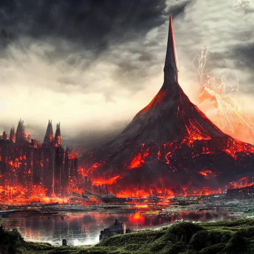 Image similar to mordor as a bustling city, highly detailed, sharp focus, skyline, vast, gothic, lord of the rings, mount doom, 4 k, fantasy, cinematic, dystopian