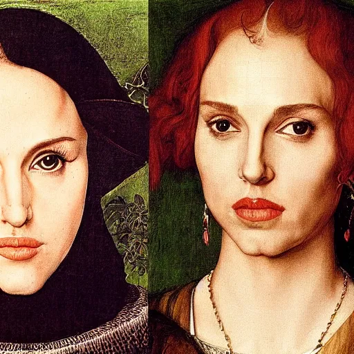 Prompt: portrait of natalie portman and scarlet johansson, by albrecht durer