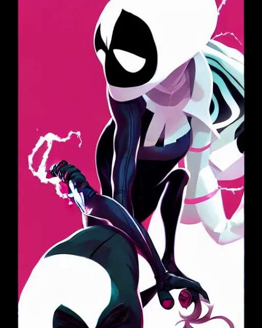 Image similar to rafael albuquerque comic art, peter mohrbacher, phil noto, artgerm, pretty emma stone spider - gwen venom, symmetrical eyes, long blonde hair