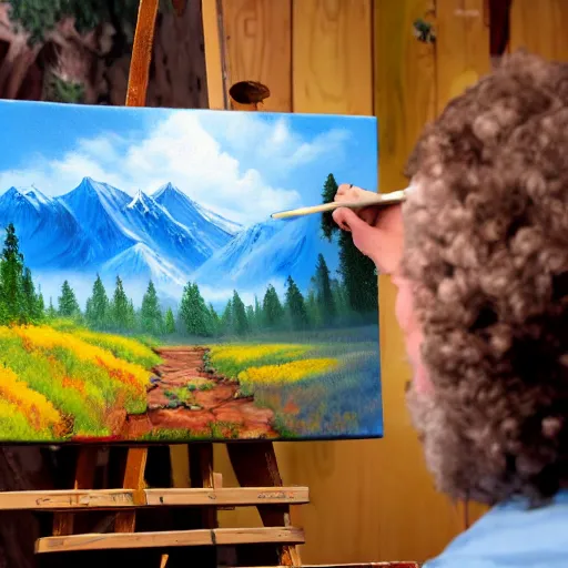 Image similar to a closeup photorealistic photograph of bob ross working on a canvas painting cookie monster. film still. brightly lit scene. mountains and trees. this 4 k hd image is trending on artstation, featured on behance, well - rendered, extra crisp, features intricate detail, epic composition and the style of unreal engine.