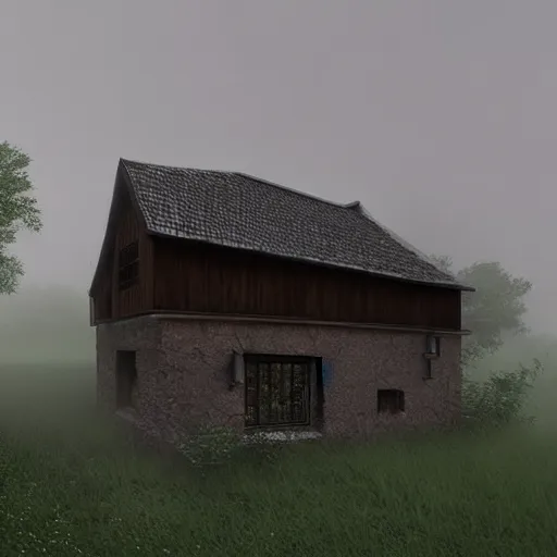 Image similar to darkness render fog highly detailed village house day forest