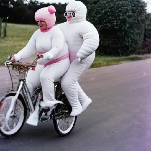 Prompt: a martin parr photo of a grandpa couple, wearing michelin man white body costumes, riding a pink pig, 1 9 7 0 s kodachrome colour photo, flash on camera,