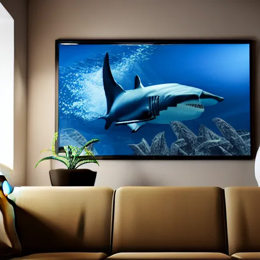 Prompt: realistic 3d render of a shark sitting on the couch watching tv octane cinema 4d