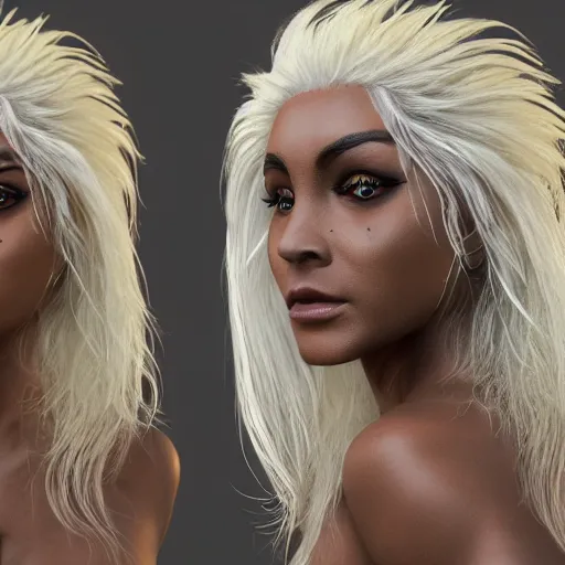 Image similar to A human cheetah hybrid with long lush white hair, concept art, highly detailed, 8k