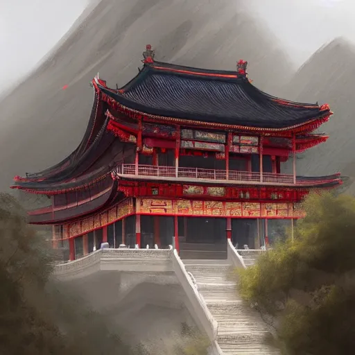 Image similar to A digital painting of a chinese temple in the mountains, by Greg Rutkowski, trending on Artstation