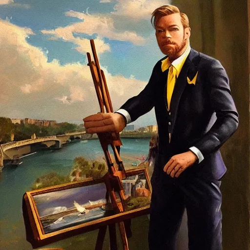 Prompt: mcgregor is dressed as a gentleman at early 2 0 th century paris. he is watching an easel. that easel has a canvas on it. ewan mcgregor has a brush on his hand. he is painting a painting. there is a small brown cat with yellow eyes on ewan mcgregors feet. on background has river seine, morning sun, dark clouds, lightning, dc comics