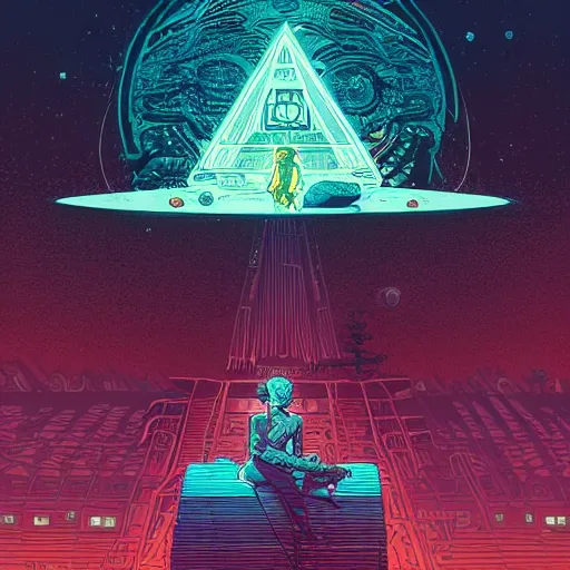 Image similar to Stunningly intricate illustration of a cyberpunk explorer meditating next to a floating triangular glowing monolith, highly detailed, midnight, by Victo Ngai and James Gilleard , Moebius, Laurie Greasley