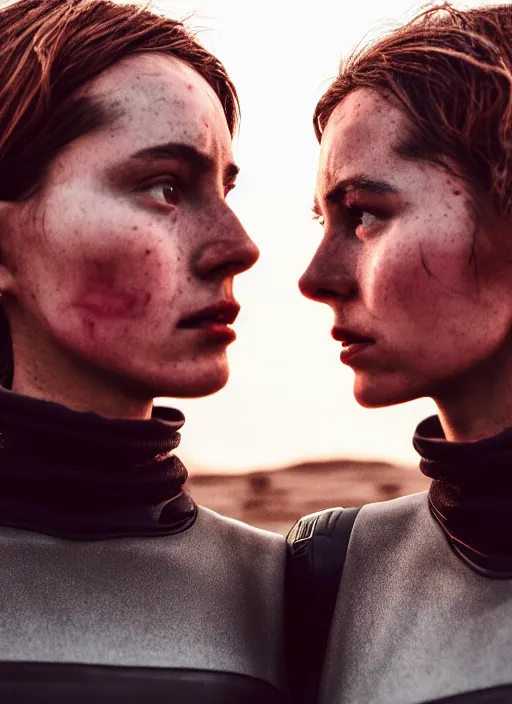 Image similar to cinestill 5 0 d photographic portrait of two loving female androids wearing rugged black techwear on a desolate plain with a red sky, standing in front of a brutalist structure, extreme closeup, cyberpunk style, dust storm, 8 k, hd, high resolution, 3 5 mm, f / 3 2, ultra realistic faces, ex machina