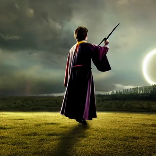 Prompt: Harry potter levitating, holding wand, colorful magic, back view, thunderclouds, cinematic shot, wide shot, epic scale, waving robe movement, photorealistic detail and quality, intricate ground stone, movie still, nighttime, crescent moon, sharp and clear, action shot, intense scene, visually coherent, symmetry, rule of thirds, movement, vivid colors, cool colors transitioning to warm colors, award winning, directed by Steven Spielberg, Christopher Nolan, Tooth Wu, Asher Duran, Greg Rutkowski
