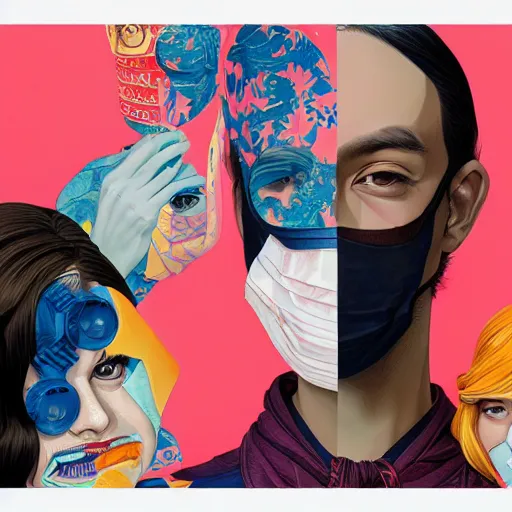 Image similar to Fashion weak portrait of people with sanitary mask, Tristan Eaton, artgerm, Victo Ngai, RHADS, ross draws