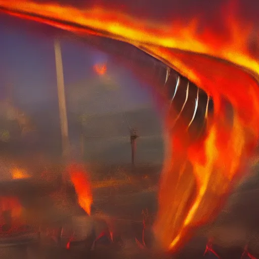 Image similar to in the lower part of the picture is the harp burning in the fire, above are cranes flying in flames, digital painting, concept art