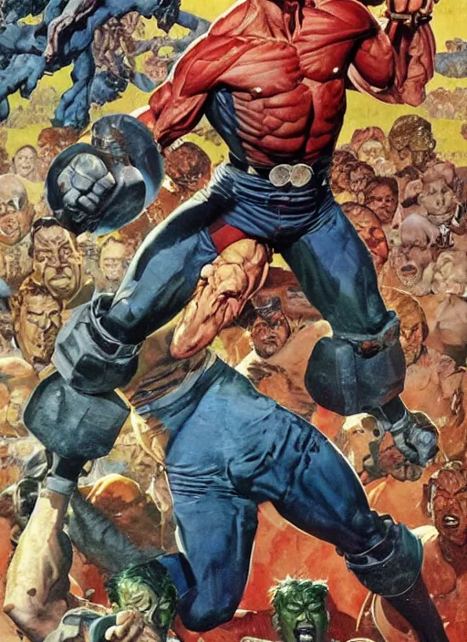 Prompt: full body and head portrait of huge mutant Paul Dillett in tattered costume, dynamic action, painted by norman rockwell and phil hale and greg staples and tom lovell and frank schoonover and jack kirby