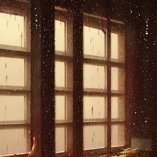 Prompt: A day inside when it is rainy, rainy window, warm colors, sepia, by Greg Rutkowski and studio ghibli