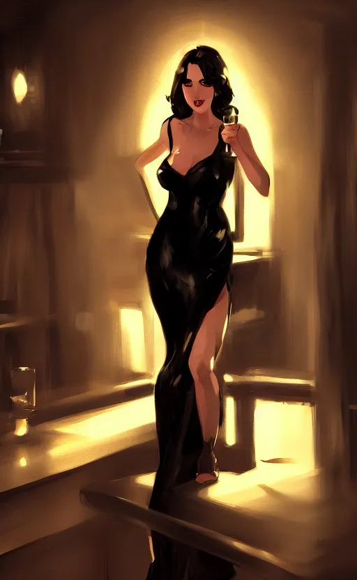 Image similar to femme fatale, at a bar, at night, dramatic lighting, black revealing dress, smiling, 2d digital character art, artstation, extremely detailed, beautiful, sharp, by WLOP