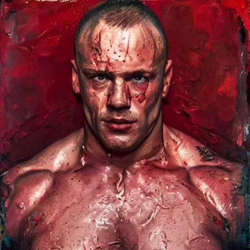 Image similar to Portrait of Mariusz Pudzianowski in the style of Disco Elysium, painting by Jenny Saville and Pavlo Guba, strong red hue