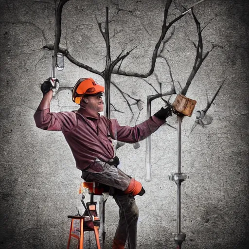 Prompt: man with huge drills as arms angrily drilling into trees with gaping holes, digital art