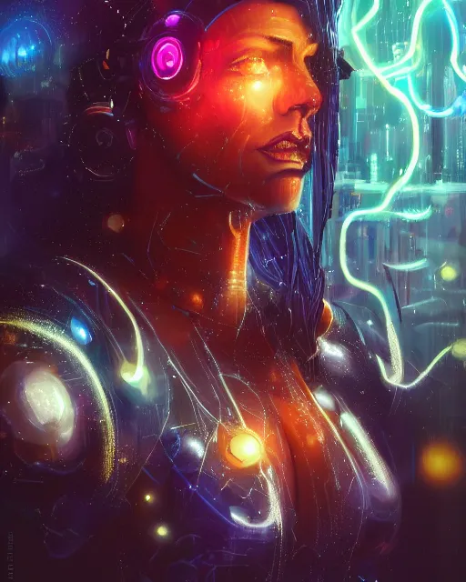 Image similar to a cyberpunk close up portrait of cyborg zeus, electricity, sparks, bokeh, soft focus, sparkling, glisten, water drops, cold, dark, geometric, temples behind her, by paul lehr, jesper ejsing