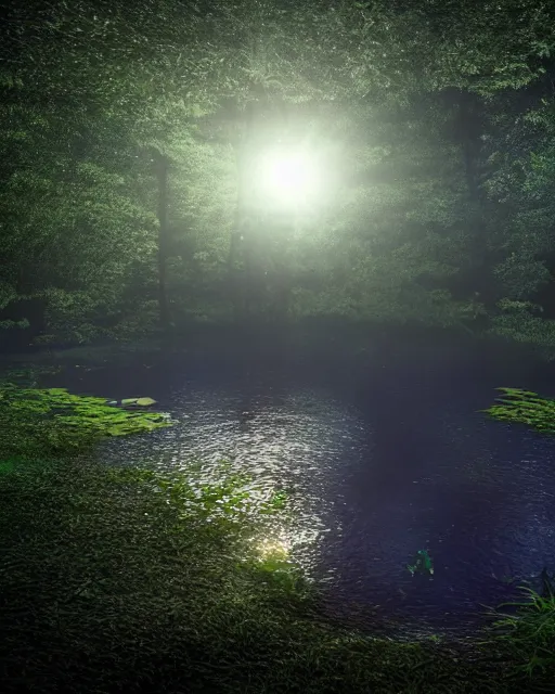 Prompt: a mystical pond in the middle of a lush forest at night during an eclipse, minimalist design, dark and dim lighting, beautiful, tranquil, moody, cinematic, fantasy, 3 5 mm lens, volumetric lighting, first person view, photographic render, hyper realistic