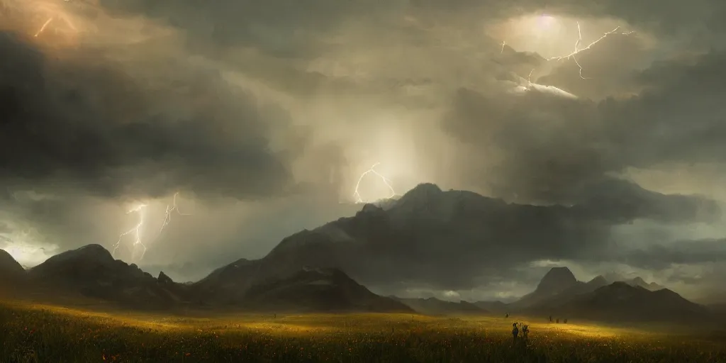 Image similar to a thunderstorm in the mountains, first light, mountains, lightning, meadow, wildflowers, clouds, dramatic lighting, sunrise, by greg rutkowski and jeffrey smith, trending on artstation