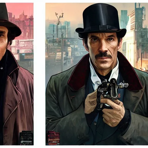 Image similar to [UHD Sherlock Holmes and Watson as GTA characters on the streets of futuristic cyberpunk London, correct faces, intricate, elegant, graphic detail, digital painting, trending on artstation, concept art, tonalism, sharp focus, illustration, art by Miguel Vasquez and Greg Rutkowski and Alphonse Mucha]