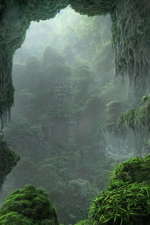 Image similar to ancient fractal temple megastructure in the hanging gardens of a radiant forest jungle, overgrown garden, scanned earth terrain fractal bridges, highly detailed erosion algorithm landscape, by albert bierdstat, by glenn small, high resolution, 8 k photorealism, god rays in volumes of fog, looking up perspective, unreal engine, octane render, realistic render