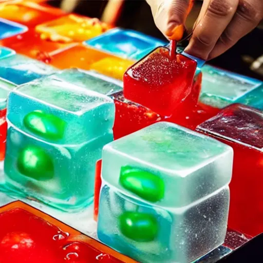 Image similar to gelatinous cubes being processed into magic items with the juice made from their bodies, d & d, industrial photo