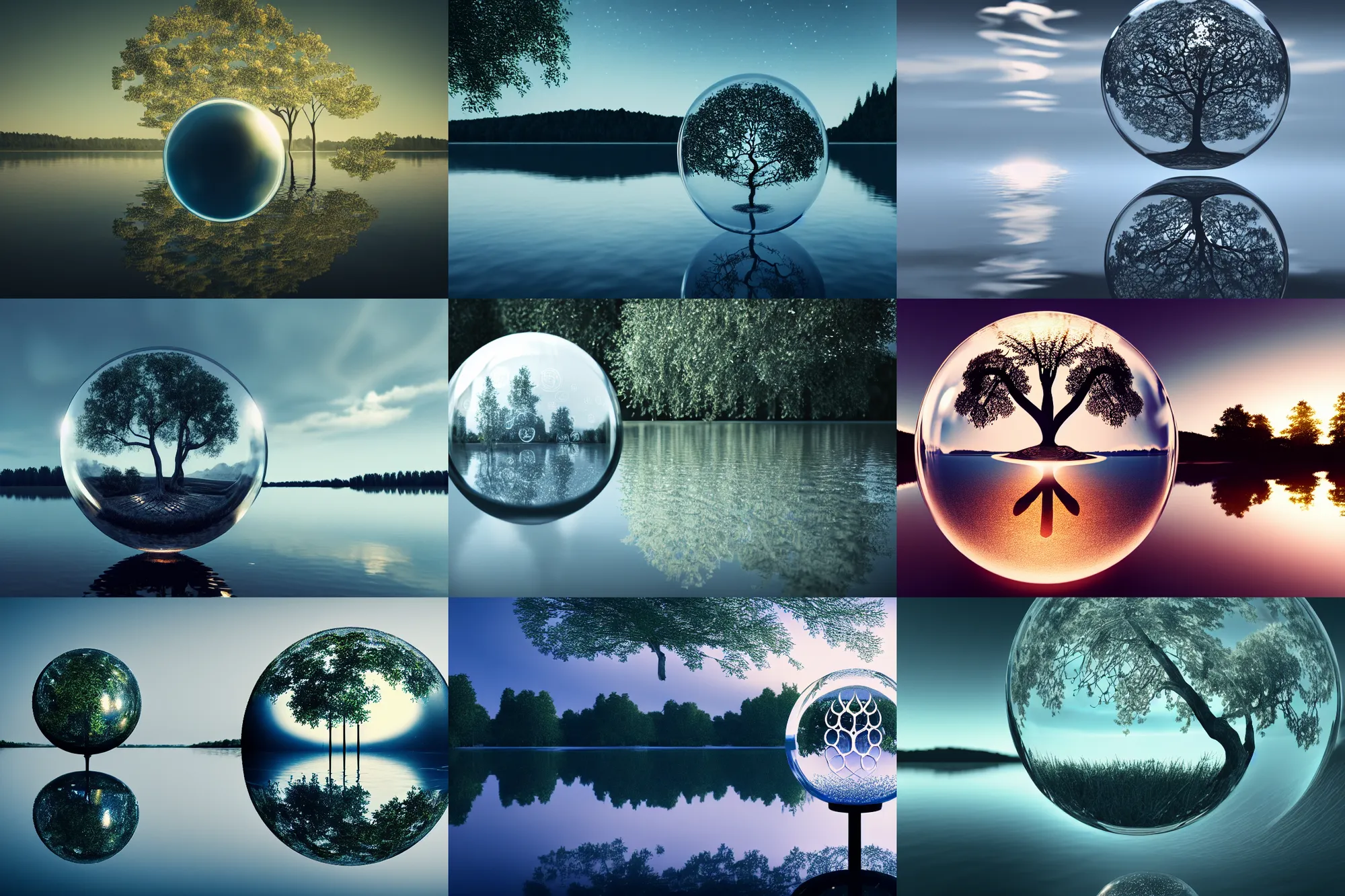 Prompt: glowing transparent crystal ball on a beautiful serene lake, ripples, tree of life inside the ball, intricate details, reflections, ripples moody sky, hyperdetailed illustration, 8 k, octane render, low light