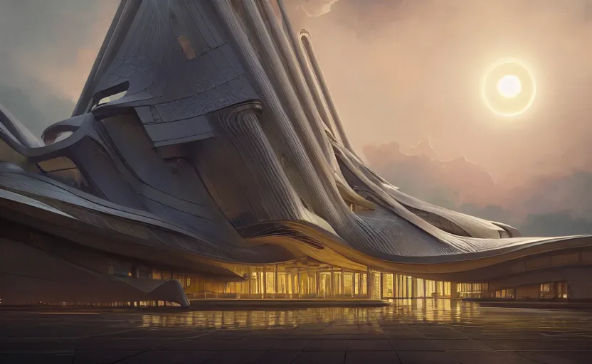 Image similar to exterior shot of utopian architecture building with cinematic lighting by zaha hadid and renzo piano, darek zabrocki and greg ruthkowski, alphonse mucha, simon stalenhag, cinematic, beautiful, holy place, paradise, scifi, futurism, atmospheric, sunset, award winning, concept art, artstation, trending on artstation