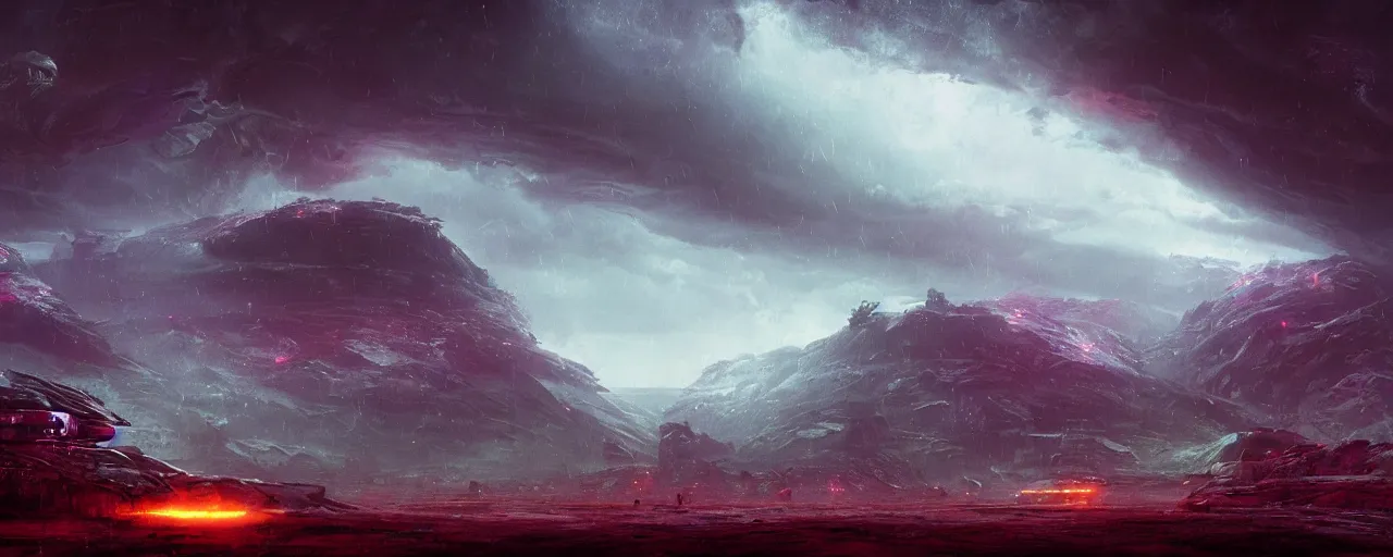 Image similar to ” atmospheric alien landscape, [ rain, cinematic, detailed, epic, widescreen, opening, establishing, mattepainting, photorealistic, realistic textures, octane render, art by slop and paul lehr ] ”