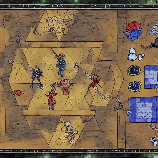 Image similar to A typical Dungeons And Dragons adventuring party, fighting a blue dragon and a highly organized pack of kobolds, except everyone is shrunk to only 2% of their normal height, and the fight is happening on a gridded battlemat on a kitchen table, with normal size pencils and polyhedral dice scattered across the table; 4K image