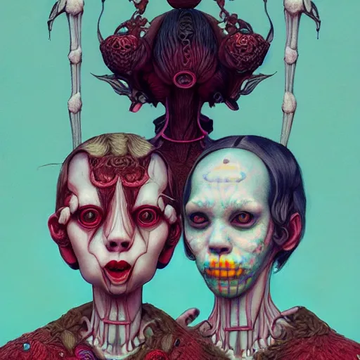 Image similar to creepy twins:: by Martine Johanna and Simon Stålenhag and Chie Yoshii and Casey Weldon and Guillermo del toro :: ornate, dynamic, particulate, intricate, elegant, highly detailed, centered, artstation, smooth, sharp focus, octane render, 3d