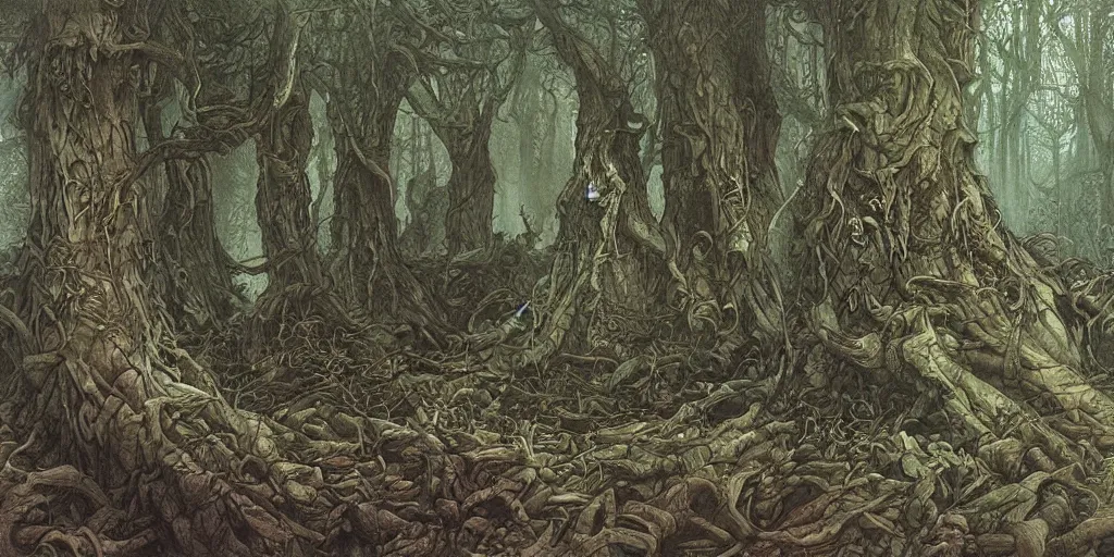 Prompt: artwork by john howe of the wretched thicket