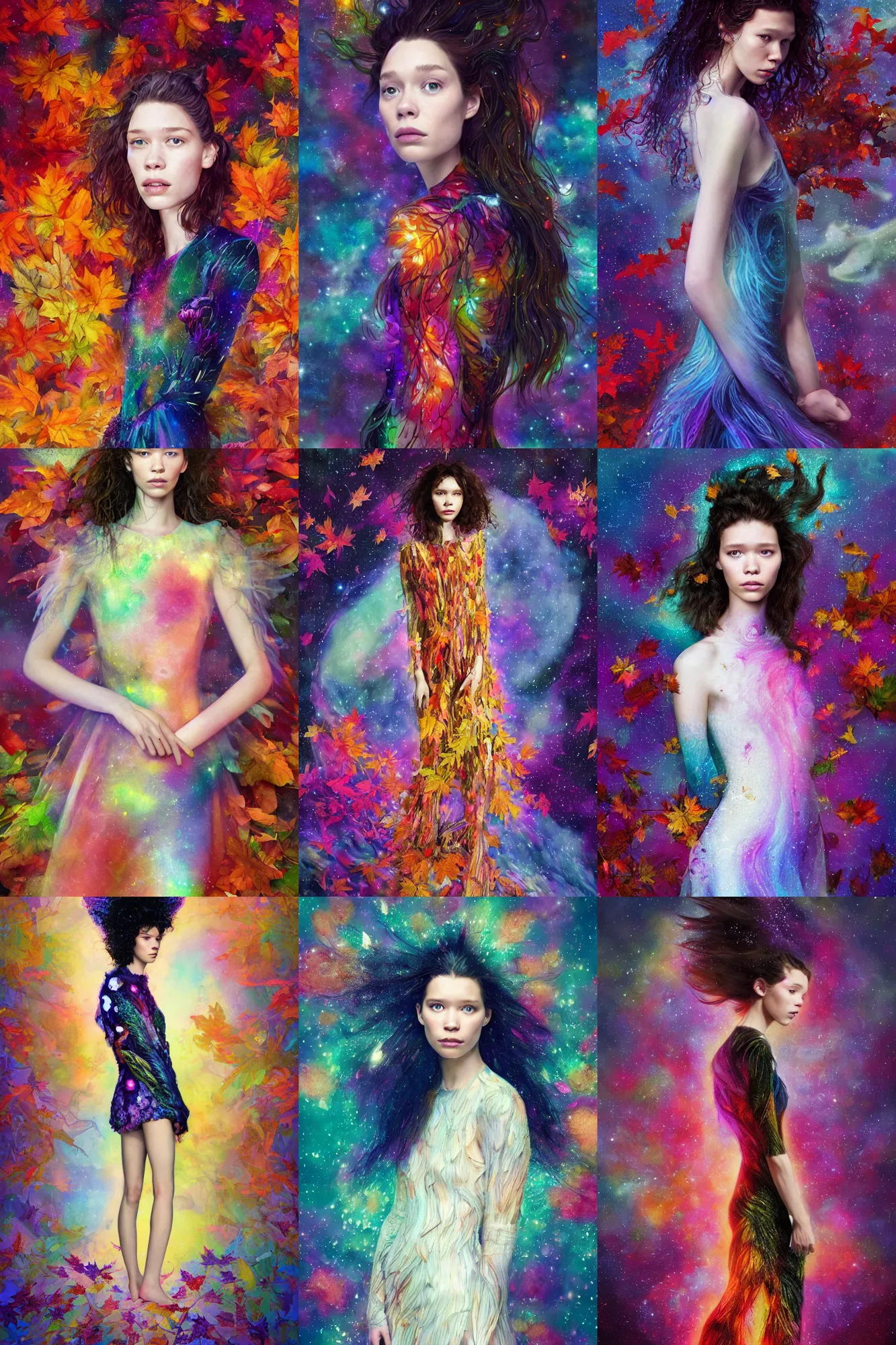 Prompt: masterwork full body portrait of astrid berges frisbey. digital illustration. space hair. wearing a dress made out of nebulae. resting on a background of autumn leaves. fluid, dreamy, ethereal, vivid colours. sharp focus. highly detailed face. wow! cinematic lighting. trending on artstation. cgsociety.