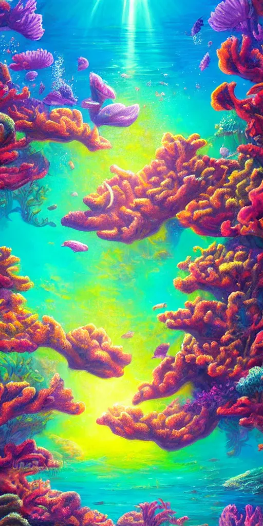 Image similar to underwater coral reef landscape magical realism painting with sun rays coming from above, neon pastel colors