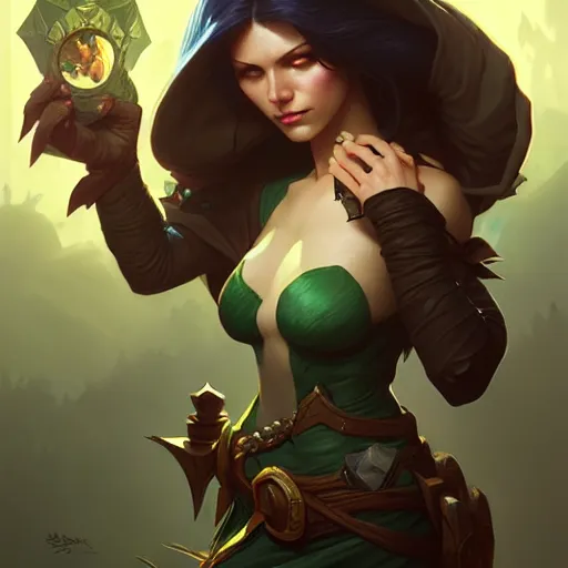 Image similar to rogue, female, wide angle, forest, D&D, fantasy, intricate, elegant, highly detailed, digital painting, artstation, octane render, concept art, matte, sharp focus, illustration, hearthstone, art by Artgerm and Greg Rutkowski and Alphonse Mucha